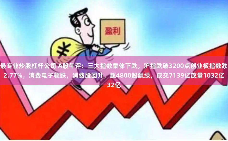 最专业炒股杠杆公司 A股午评：三大指数集体下跌，沪指跌破3200点创业板指数跌2.77%，消费电子领跌，消费股回升，超4800股飘绿，成交7139亿放量1032亿